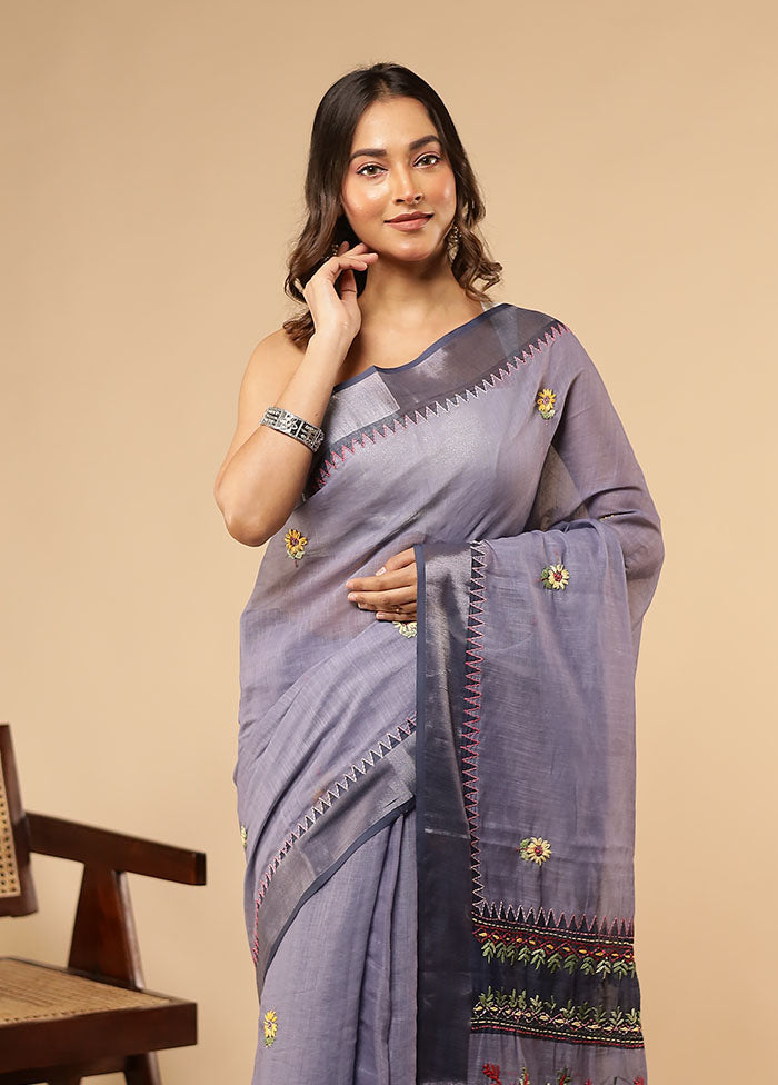 Blue Linen Silk Saree With Blouse Piece