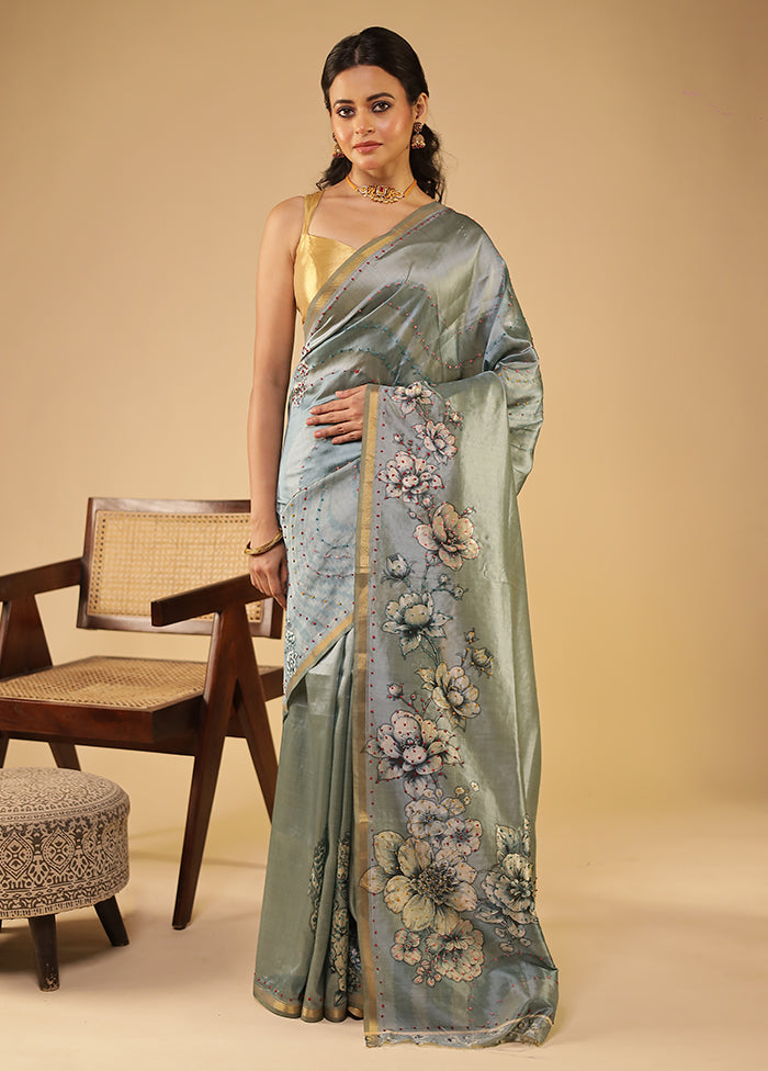Blue Tussar Silk Saree With Blouse Piece