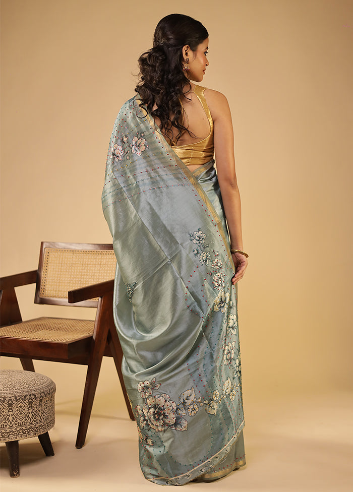 Blue Tussar Silk Saree With Blouse Piece