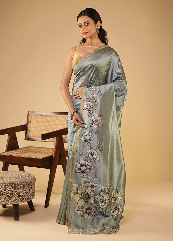 Blue Tussar Silk Saree With Blouse Piece