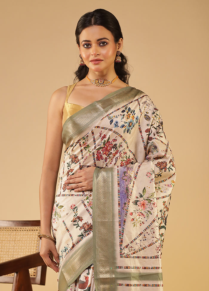 Cream Tussar Silk Saree With Blouse Piece