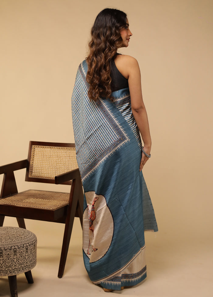 Blue Tussar Silk Saree With Blouse Piece