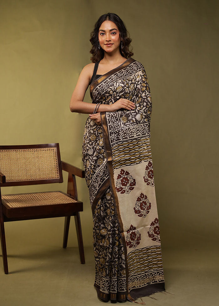 Black Chanderi Cotton Saree With Blouse Piece