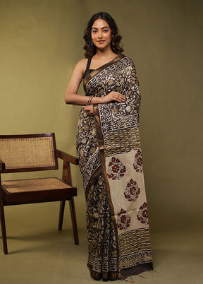 Black Chanderi Cotton Saree With Blouse Piece