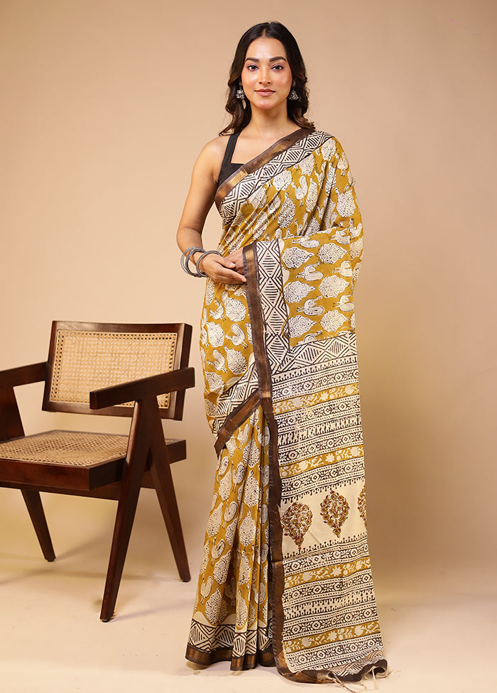 Green Chanderi Cotton Saree With Blouse Piece