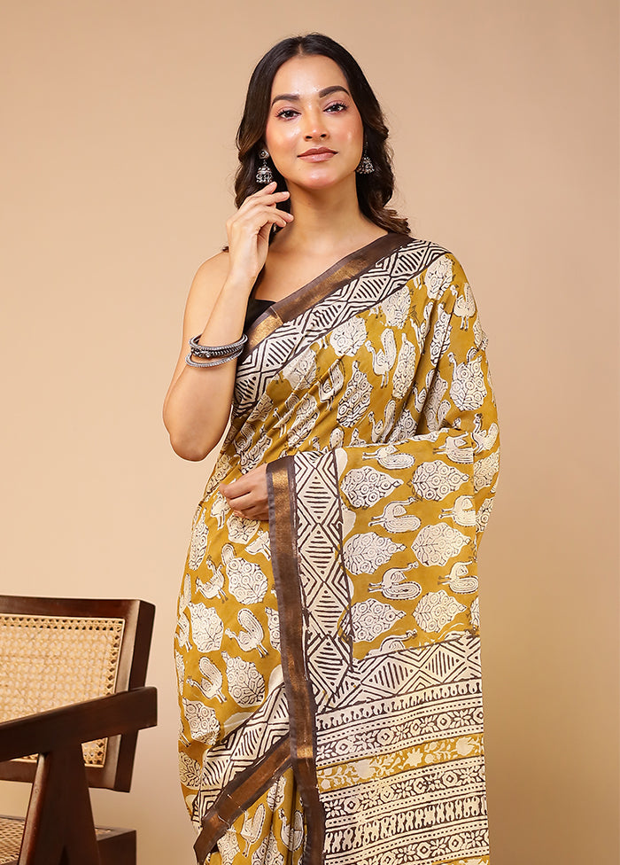 Green Chanderi Cotton Saree With Blouse Piece
