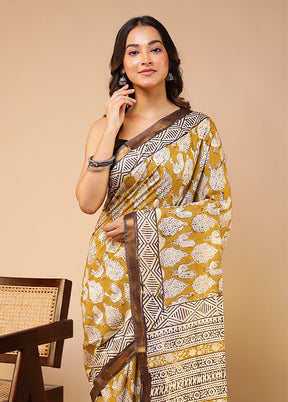 Green Chanderi Cotton Saree With Blouse Piece