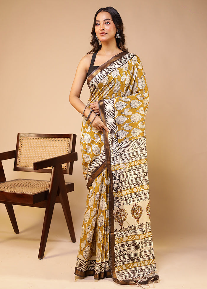 Green Chanderi Cotton Saree With Blouse Piece
