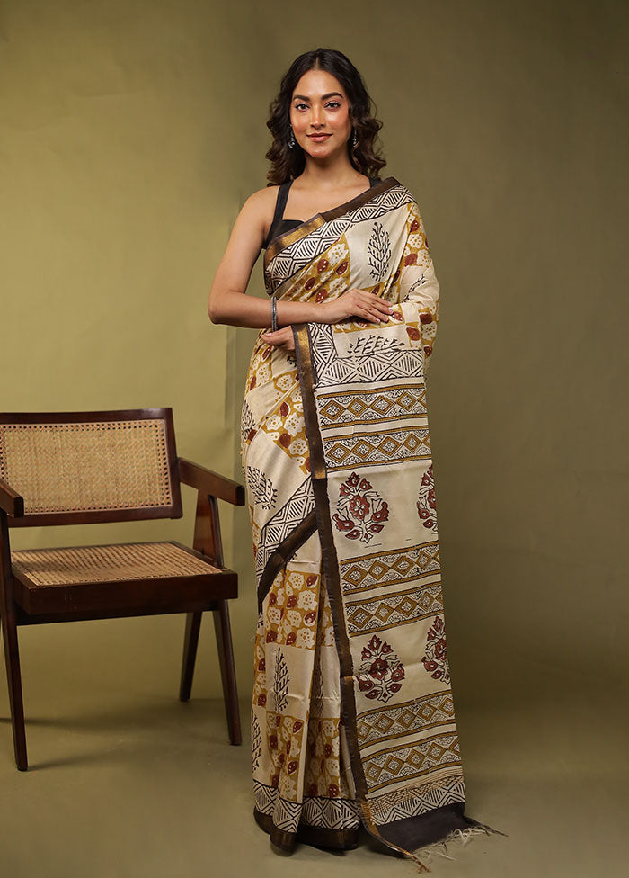 Cream Chanderi Cotton Saree With Blouse Piece