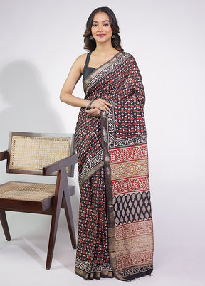 Black Chanderi Cotton Saree With Blouse Piece