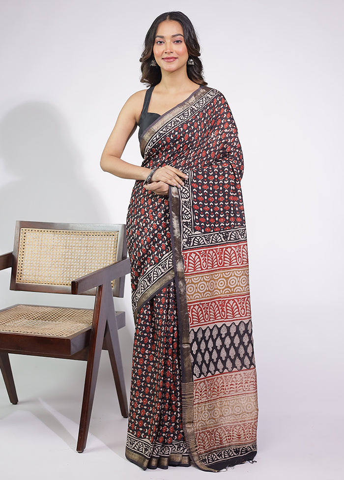 Black Chanderi Cotton Saree With Blouse Piece