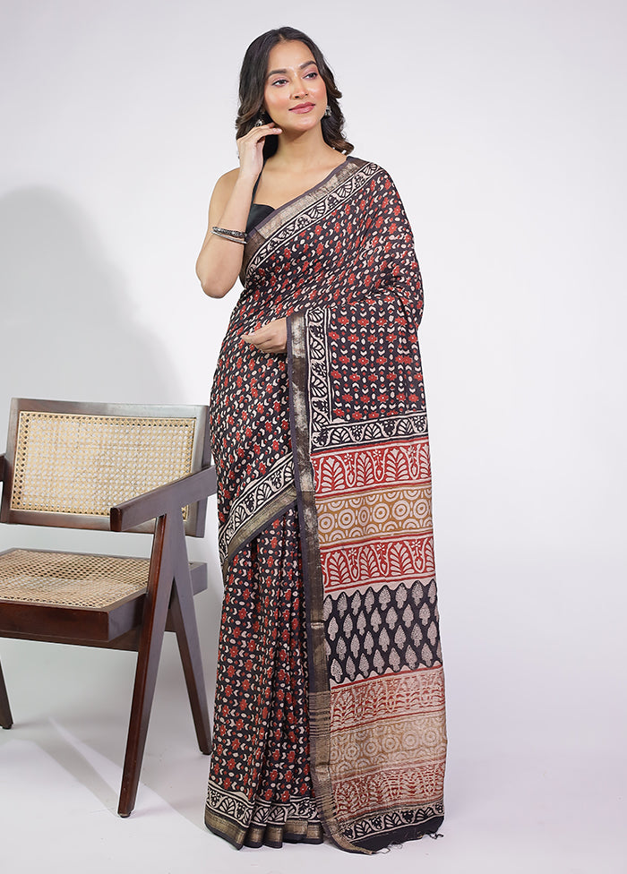 Black Chanderi Cotton Saree With Blouse Piece