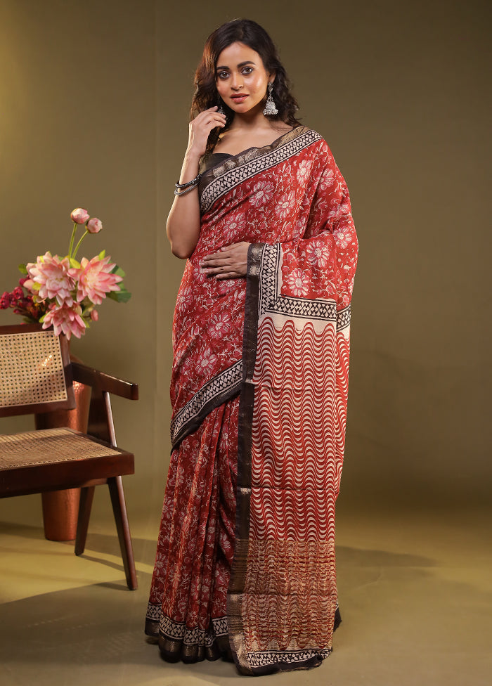 Red Chanderi Cotton Saree With Blouse Piece