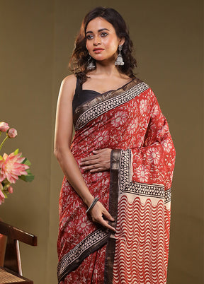 Red Chanderi Cotton Saree With Blouse Piece