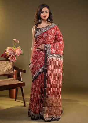 Red Chanderi Cotton Saree With Blouse Piece
