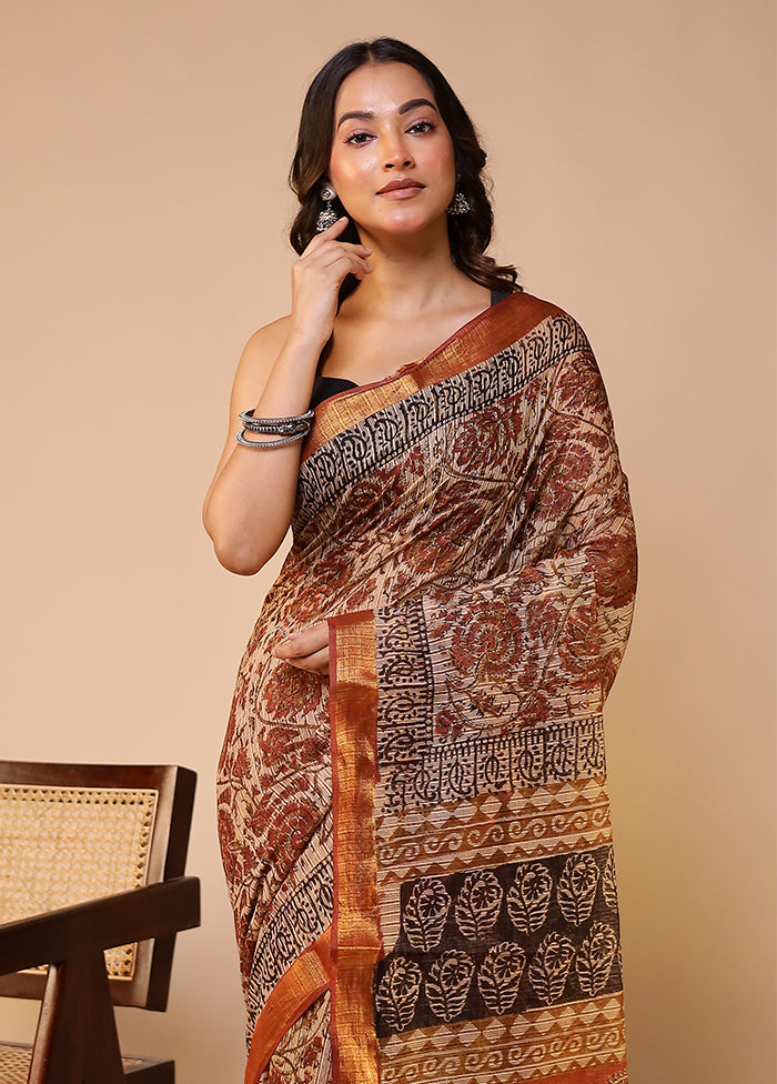 Cream Chanderi Cotton Saree With Blouse Piece