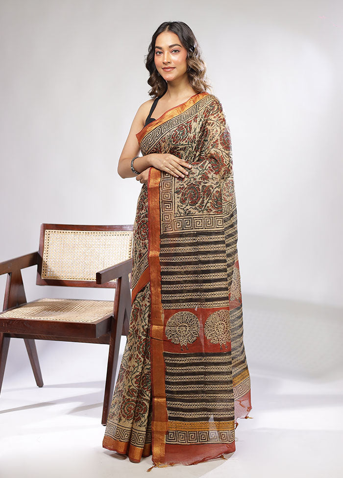 Cream Chanderi Cotton Saree With Blouse Piece
