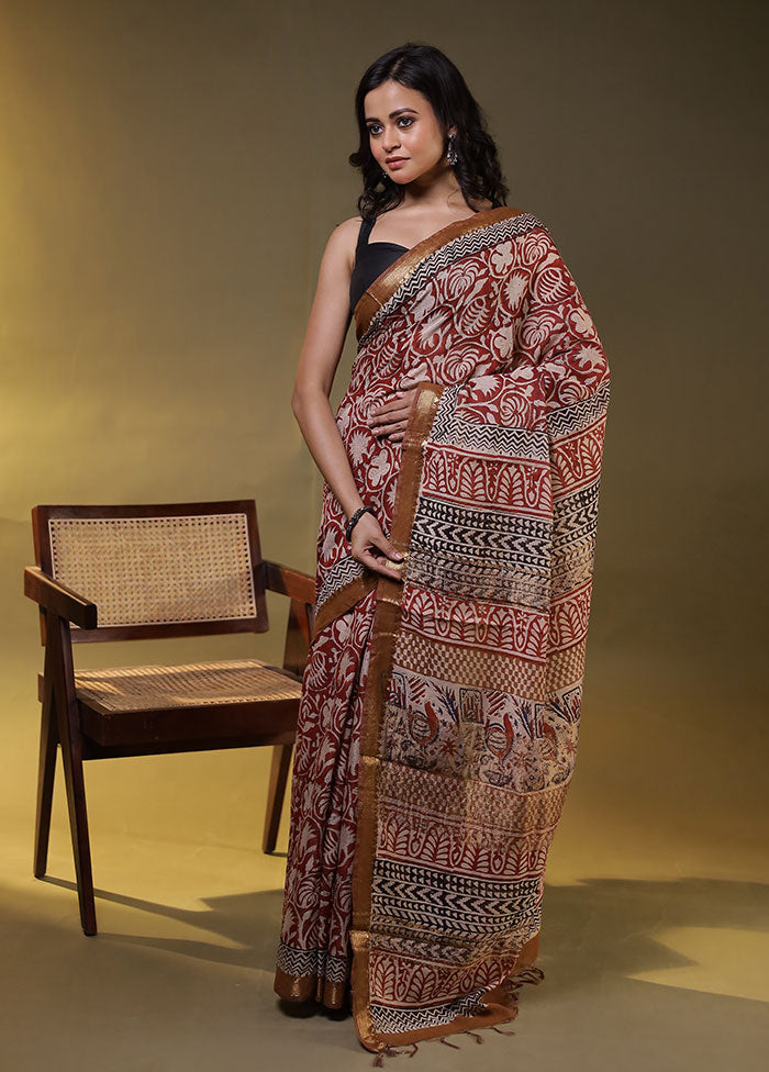 Maroon Chanderi Cotton Saree With Blouse Piece