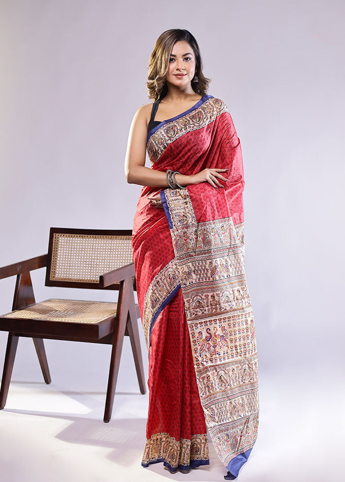 Red Printed Pure Silk Saree Without Blouse Piece
