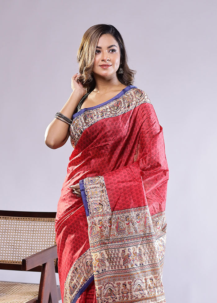 Red Printed Pure Silk Saree Without Blouse Piece