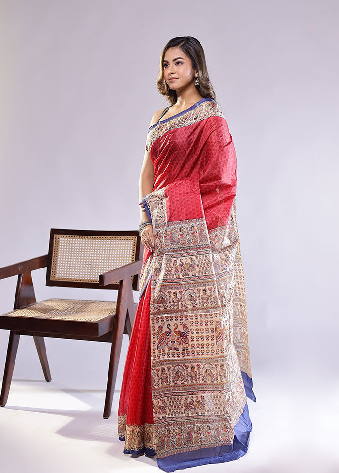 Red Printed Pure Silk Saree Without Blouse Piece