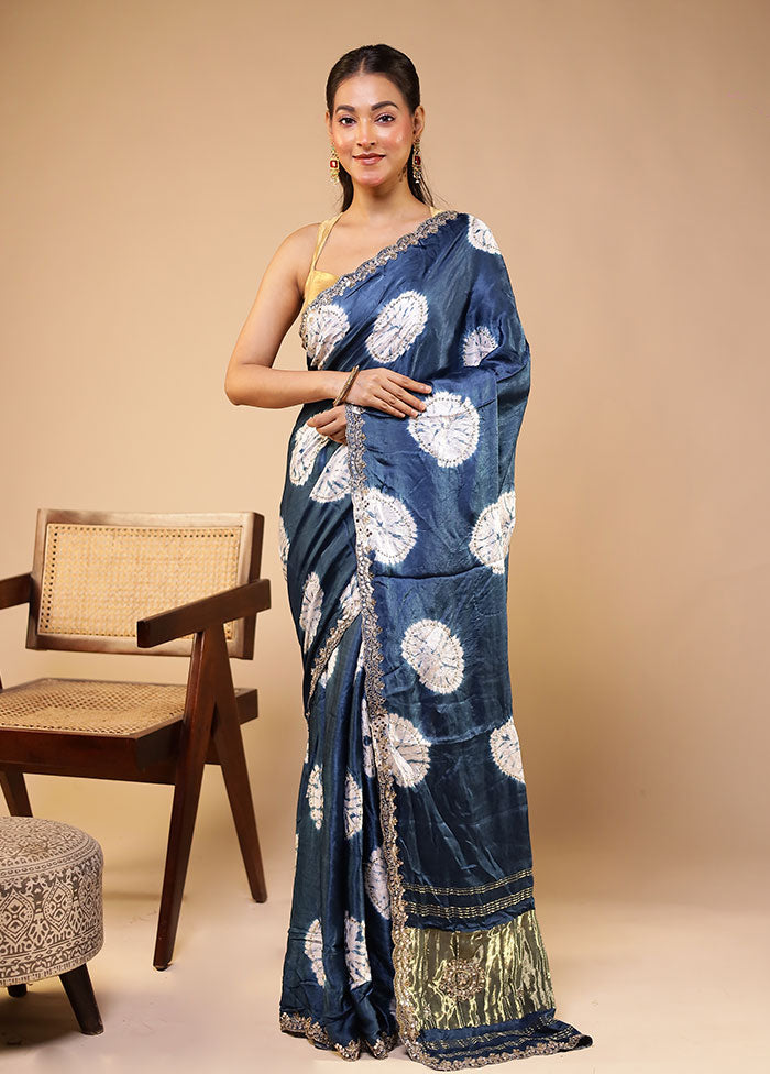 Blue Printed Pure Silk Saree Without Blouse Piece