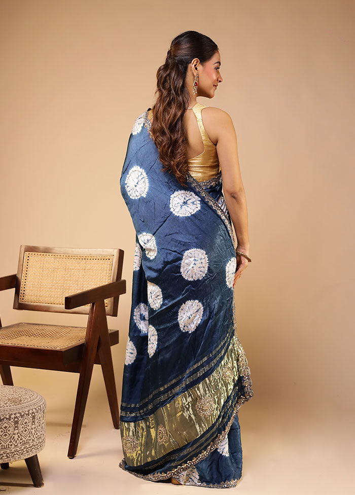 Blue Printed Pure Silk Saree Without Blouse Piece