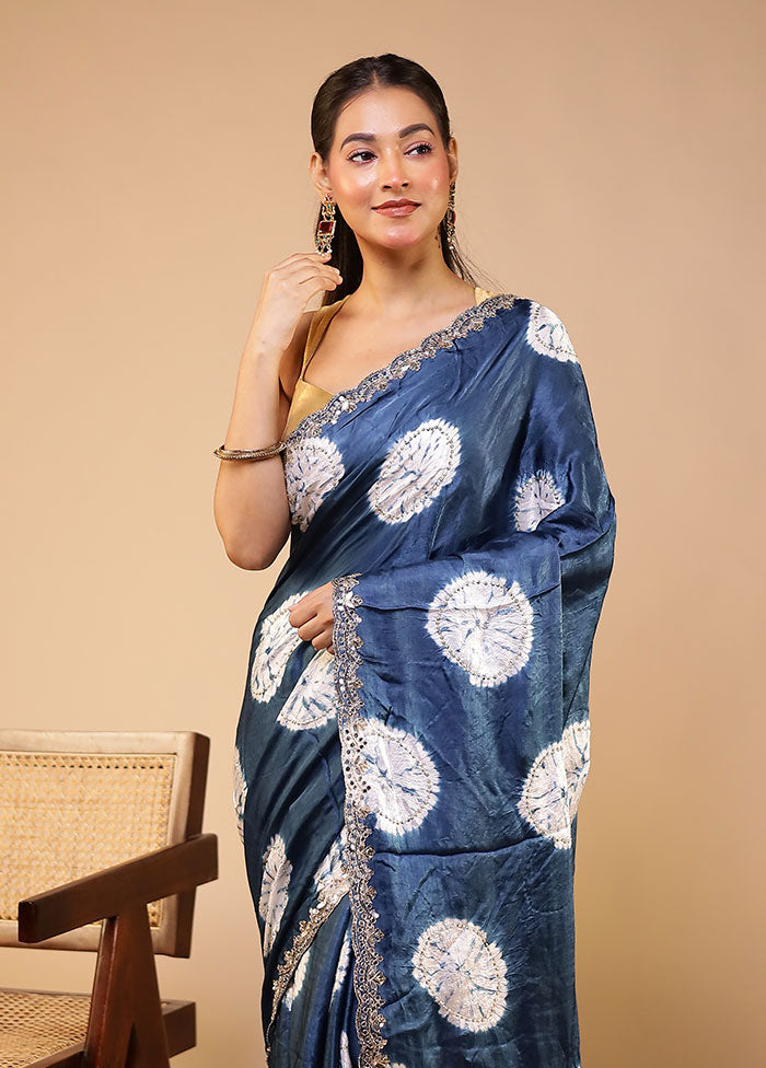 Blue Printed Pure Silk Saree Without Blouse Piece