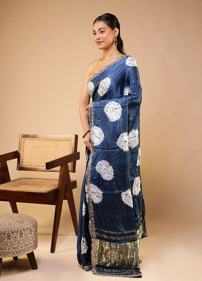 Blue Printed Pure Silk Saree Without Blouse Piece