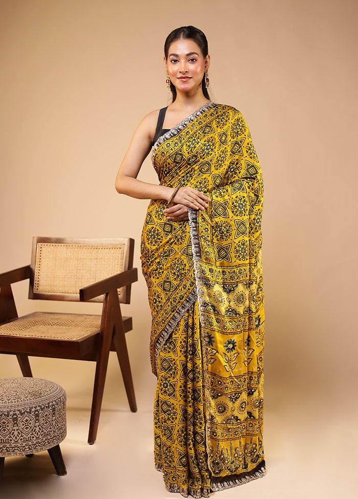 Yellow Printed Pure Silk Saree Without Blouse Piece