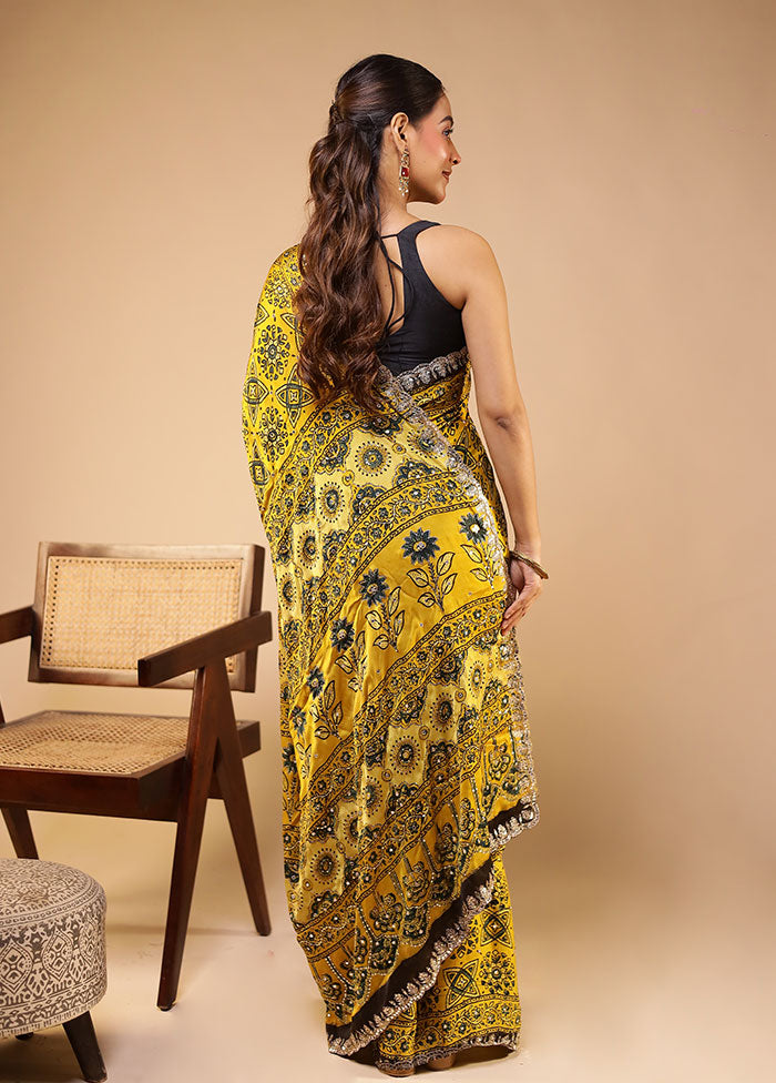 Yellow Printed Pure Silk Saree Without Blouse Piece