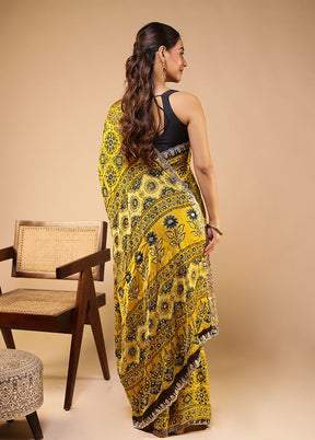 Yellow Printed Pure Silk Saree Without Blouse Piece