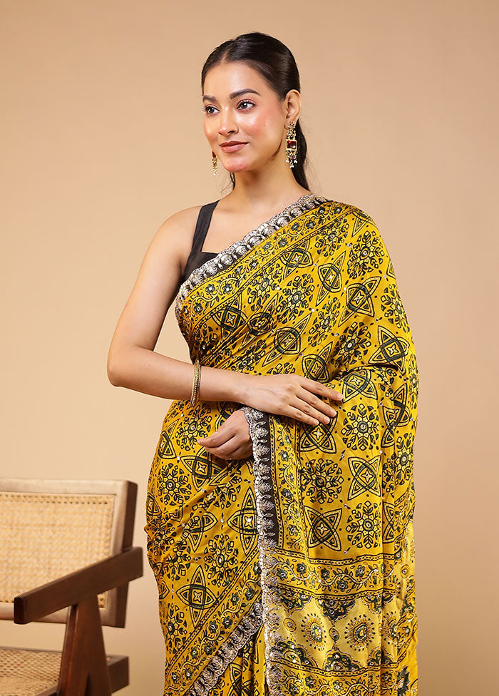 Yellow Printed Pure Silk Saree Without Blouse Piece