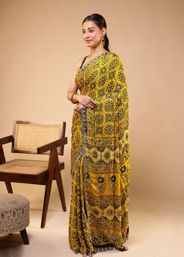 Yellow Printed Pure Silk Saree Without Blouse Piece