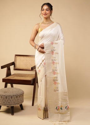 White Dupion Silk Saree With Blouse Piece