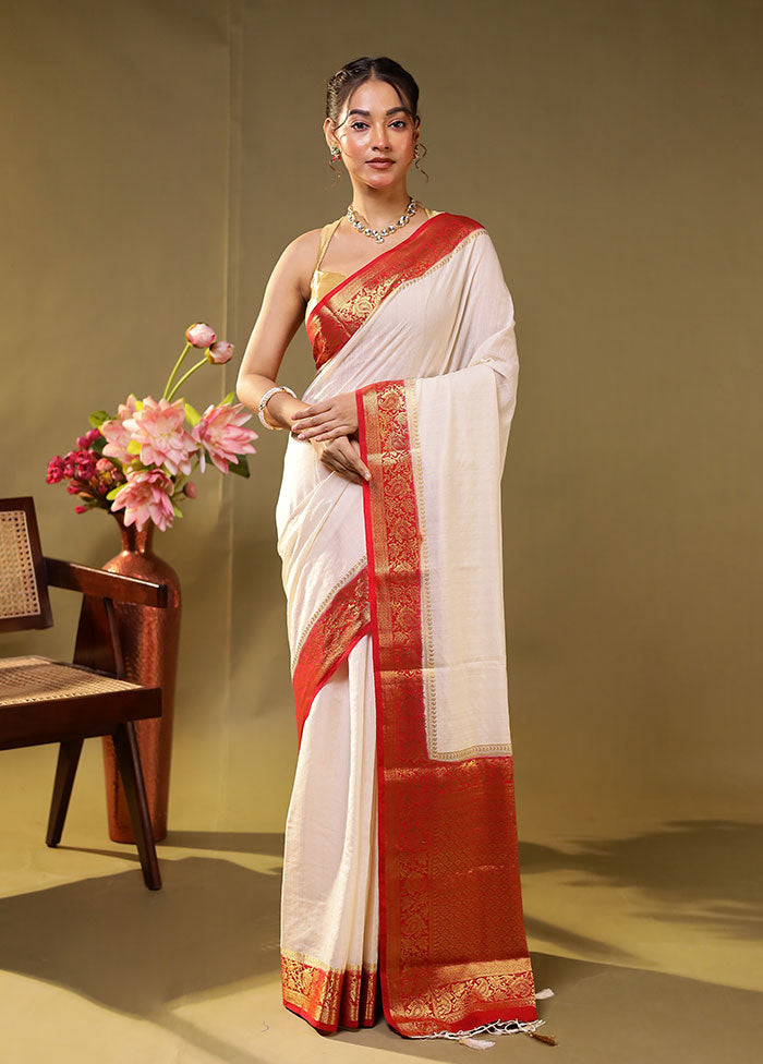 White Dupion Silk Saree With Blouse Piece
