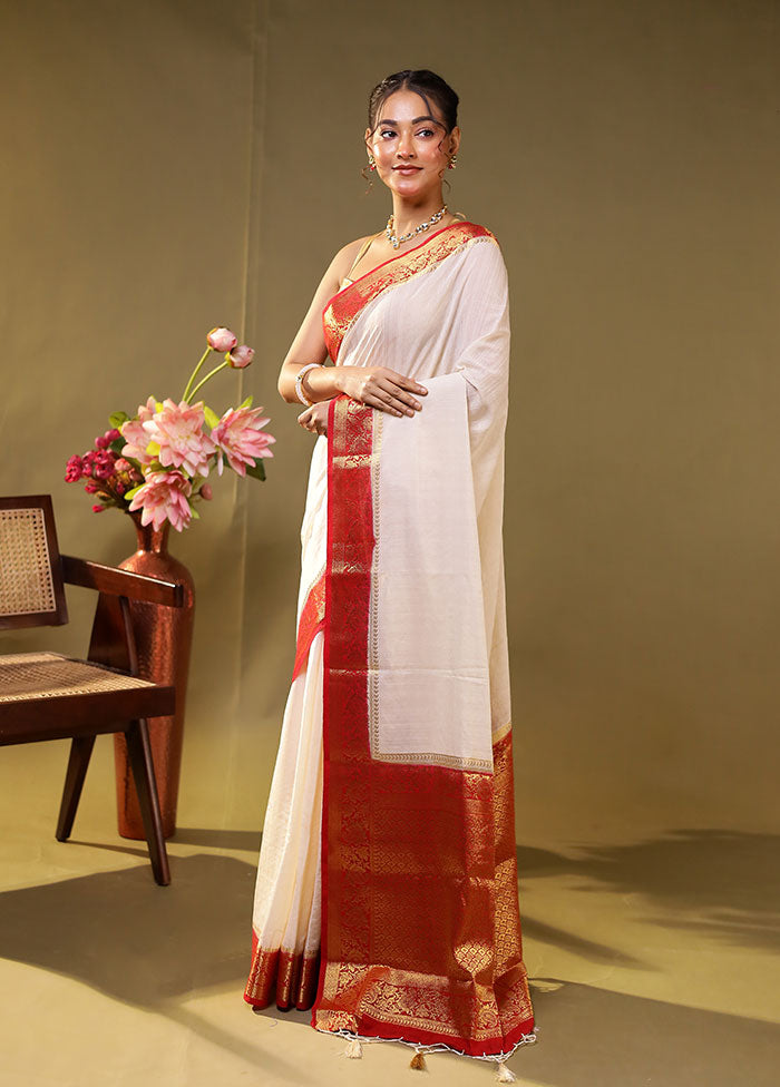 White Dupion Silk Saree With Blouse Piece