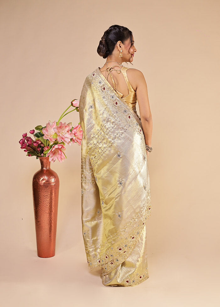 Gold Handloom Kanchipuram Pure Silk Saree With Blouse Piece