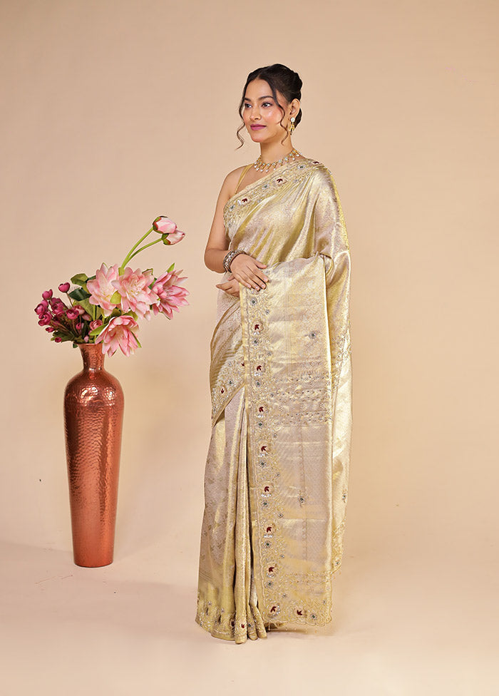 Gold Handloom Kanchipuram Pure Silk Saree With Blouse Piece