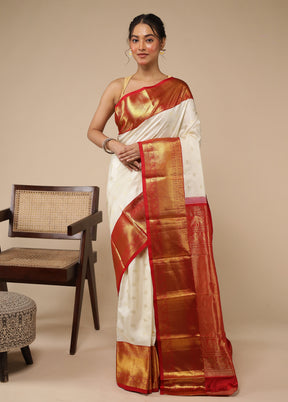 White Handloom Kanchipuram Pure Silk Saree With Blouse Piece