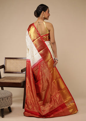 White Handloom Kanchipuram Pure Silk Saree With Blouse Piece