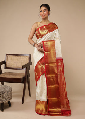 White Handloom Kanchipuram Pure Silk Saree With Blouse Piece