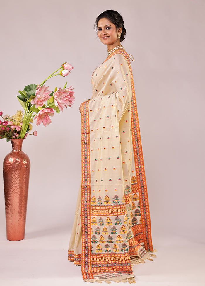 Cream Assam Silk Saree With Blouse Piece