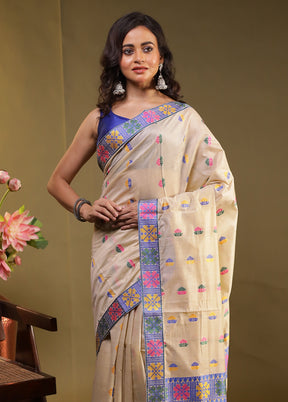 Cream Assam Silk Saree With Blouse Piece