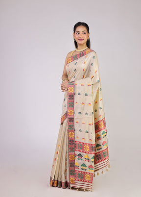 Cream Assam Silk Saree With Blouse Piece
