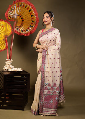 Cream Assam Silk Saree With Blouse Piece