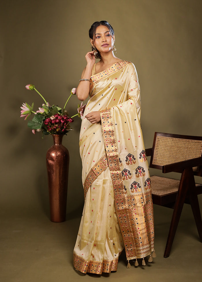 Cream Assam Silk Saree With Blouse Piece