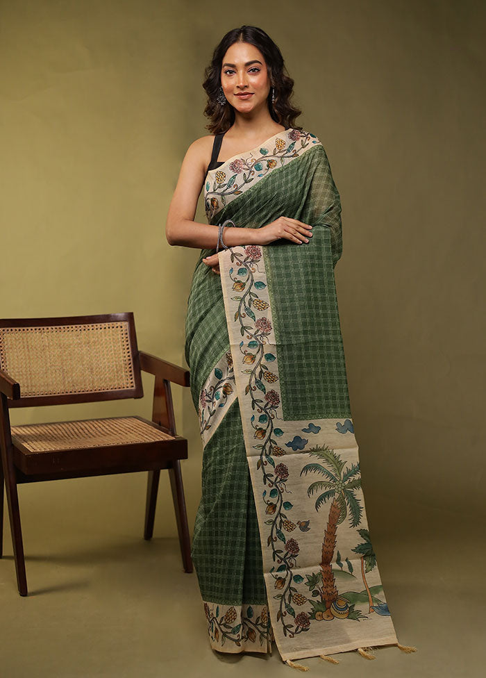 Green Cotton Saree With Blouse Piece