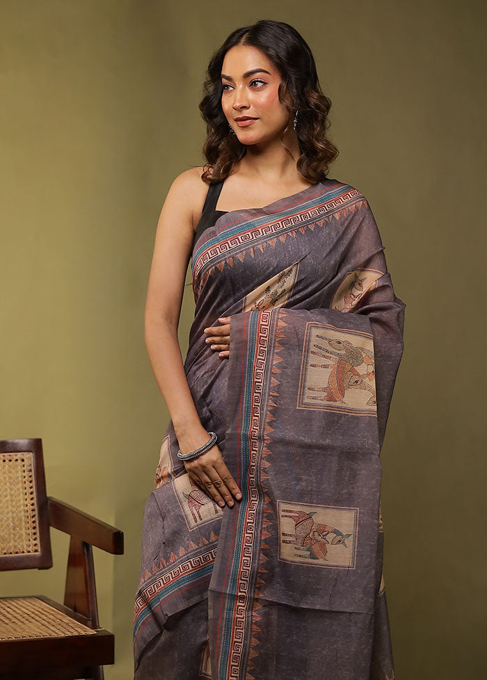 Grey Cotton Saree With Blouse Piece