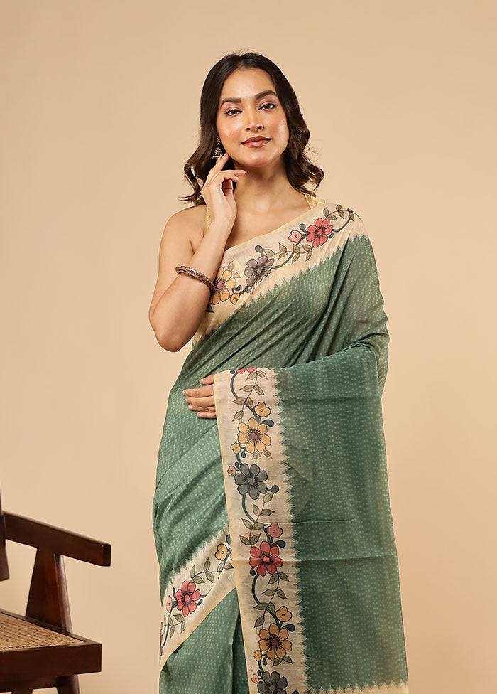 Green Cotton Saree With Blouse Piece